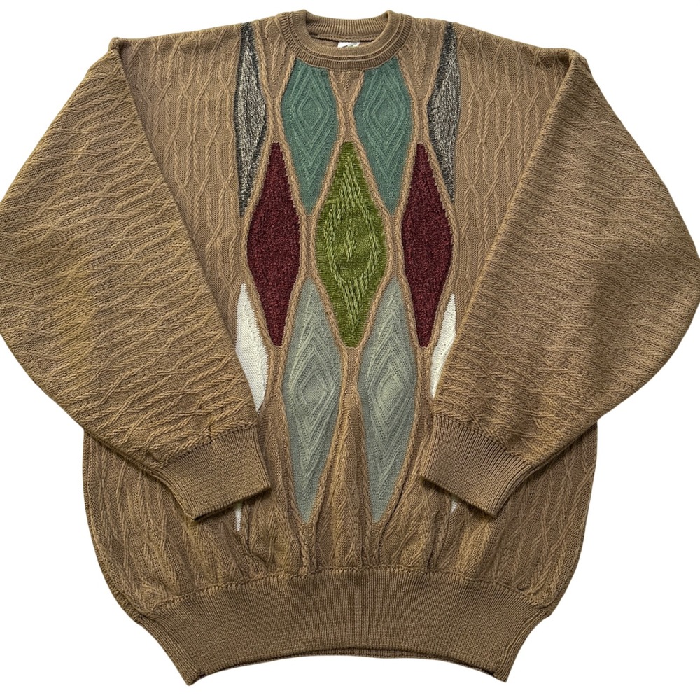 Vintage 3D Textured Knit Sweater XL Brown Geometric Diamond Coogi Style Retro